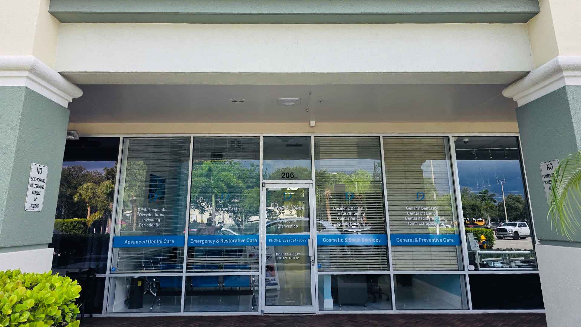 Front entrance of Dental Blush dental office in Bonita Springs, FL