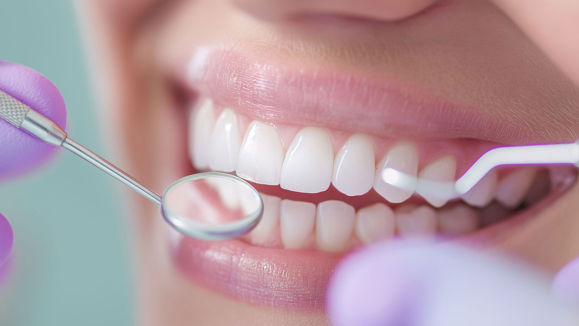 Cosmetic Dentistry in Miami at Dental Blush Tamiami Cosmetic dentistry in Miami with close-up of clean teeth and dental mirror
