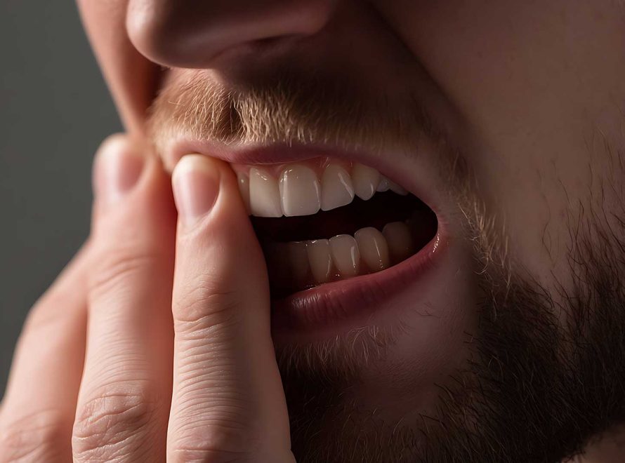 Person touching their jaw while experiencing teeth grinding symptoms in Miami