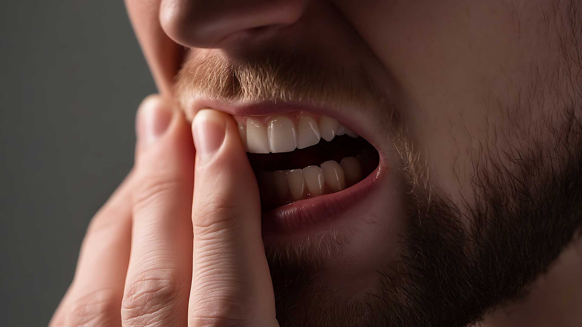 Person touching their jaw while experiencing teeth grinding symptoms in Miami